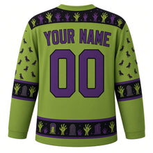 Load image into Gallery viewer, Ugly Halloween Zombie Shuffle Hockey Jersey in Zombie Green, back view with a zombie-hand yoke, zombie-hand sleeve bands, tombstone hem band, arched YOUR NAME lettering and 00 – custom name and number