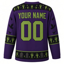 Load image into Gallery viewer, Ugly Halloween Zombie Shuffle Hockey Jersey in Witch Purple, back view with a zombie-hand yoke, zombie-hand sleeve bands, tombstone hem band, arched YOUR NAME lettering and 00 – custom name and number