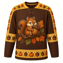 Load image into Gallery viewer, Ugly Thanksgiving Acorn Squirrel Hockey Jersey in Acorn Brown, front view – acorn brown body with mustard yoke with a round chubby cartoon squirrel crest hugging a giant acorn on an oak branch, acorn and leaf yoke, acorn sleeve bands and an acorn and pumpkin hem band – custom name and number