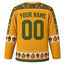 Load image into Gallery viewer, Ugly Thanksgiving Acorn Squirrel Hockey Jersey in Mustard Yellow, back view with an acorn and oak leaf yoke, acorn sleeve bands, acorn and pumpkin hem band, arched YOUR NAME lettering and 00 – custom name and number