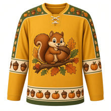 Load image into Gallery viewer, Ugly Thanksgiving Acorn Squirrel Hockey Jersey in Mustard Yellow, front view – mustard yellow body with olive yoke with a round chubby cartoon squirrel crest hugging a giant acorn on an oak branch, acorn and leaf yoke, acorn sleeve bands and an acorn and pumpkin hem band – custom name and number