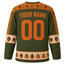 Load image into Gallery viewer, Ugly Thanksgiving Acorn Squirrel Hockey Jersey in Forest Olive, back view with an acorn and oak leaf yoke, acorn sleeve bands, acorn and pumpkin hem band, arched YOUR NAME lettering and 00 – custom name and number