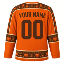 Load image into Gallery viewer, Ugly Thanksgiving Acorn Squirrel Hockey Jersey in Maple Orange, back view with an acorn and oak leaf yoke, acorn sleeve bands, acorn and pumpkin hem band, arched YOUR NAME lettering and 00 – custom name and number