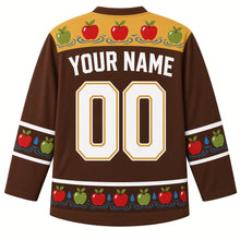 Load image into Gallery viewer, Ugly Thanksgiving Apple Bobbing Barrel Hockey Jersey in Barrel Brown, back view – barrel brown body with cider gold yoke of apples on water ripples, apple-and-droplet sleeve bands and hem band, straight YOUR NAME lettering and 00 – custom name and number