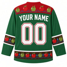 Load image into Gallery viewer, Ugly Thanksgiving Apple Bobbing Barrel Hockey Jersey in Orchard Green, back view – orchard green body with apple red yoke of apples on water ripples, apple-and-droplet sleeve bands and hem band, straight YOUR NAME lettering and 00 – custom name and number