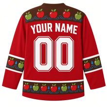 Load image into Gallery viewer, Ugly Thanksgiving Apple Bobbing Barrel Hockey Jersey in Apple Red, back view – apple red body with barrel brown yoke of apples on water ripples, apple-and-droplet sleeve bands and hem band, straight YOUR NAME lettering and 00 – custom name and number