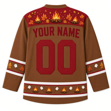 Load image into Gallery viewer, Ugly Thanksgiving Autumn Bonfire Night Hockey Jersey in Toasted Brown, back view with a cranberry yoke of campfires, sparks and autumn leaves, marshmallow and leaf sleeve bands, a hem of mini campfires and marshmallows, YOUR NAME lettering and 00 – custom name and number