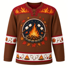Load image into Gallery viewer, Ugly Thanksgiving Autumn Bonfire Night Hockey Jersey in Toasted Brown, front view – round crest of a campfire in a stone ring under a starry night sky with marshmallows on sticks and autumn leaves, cranberry yoke of flames only, marshmallow-on-stick and leaf sleeve bands and a hem of mini campfires alternating with marshmallows – custom name and number