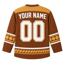 Load image into Gallery viewer, Ugly Thanksgiving Harvest Bread Basket Hockey Jersey in Cinnamon Brown, back view with a golden quilted-pattern yoke, round biscuit and braided-twist sleeve bands, braided-loaf hem band, arched YOUR NAME lettering and 00 – custom name and number