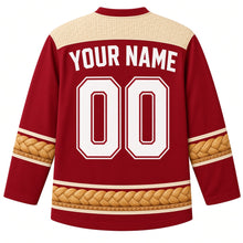 Load image into Gallery viewer, Ugly Thanksgiving Harvest Bread Basket Hockey Jersey in Cranberry Red, back view with a basket-weave yoke, biscuit and braided-twist sleeve bands, mini bread-basket hem band, arched YOUR NAME lettering and 00 – custom name and number