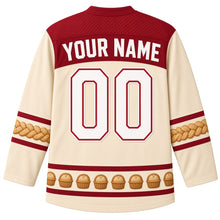 Load image into Gallery viewer, Ugly Thanksgiving Harvest Bread Basket Hockey Jersey in Wheat Cream, back view with a basket-weave yoke, biscuit and braided-twist sleeve bands, mini bread-basket hem band, arched YOUR NAME lettering and 00 – custom name and number