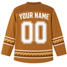 Load image into Gallery viewer, Ugly Thanksgiving Harvest Bread Basket Hockey Jersey in Golden Crust, back view with a quilted-pattern yoke, braided-twist sleeve bands, braided-twist hem band, arched YOUR NAME lettering and 00 – custom name and number
