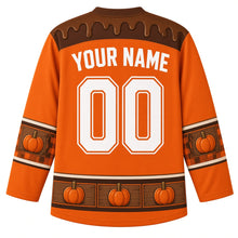 Load image into Gallery viewer, Ugly Thanksgiving Caramel Apple Stand Hockey Jersey in Pumpkin Orange, back view with a brown caramel-drip yoke, pumpkin-crate and plaid sleeve bands, pumpkin-crate hem band, arched YOUR NAME lettering and 00 – custom name and number