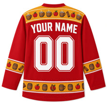 Load image into Gallery viewer, Ugly Thanksgiving Apple Cider Barrel Hockey Jersey in Crabapple Red, back view with a mug-and-apple yoke, barrel-stave and cinnamon sleeve bands, mini-barrel and apple hem band, arched YOUR NAME lettering and 00 – custom name and number