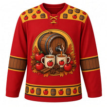 Load image into Gallery viewer, Ugly Thanksgiving Apple Cider Barrel Hockey Jersey in Crabapple Red, front view – crabapple red body with golden amber yoke with a crest of an oak cider barrel with a tap pouring hot cider into two steaming mugs with apples, cinnamon and star anise, mug-and-apple yoke, barrel-stave sleeve bands and a mini-barrel and apple hem band – custom name and number