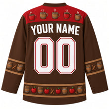 Load image into Gallery viewer, Ugly Thanksgiving Apple Cider Barrel Hockey Jersey in Oak Barrel Brown, back view with a mug-and-apple yoke, barrel-stave and cinnamon sleeve bands, mini-barrel and apple hem band, arched YOUR NAME lettering and 00 – custom name and number