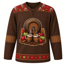 Load image into Gallery viewer, Ugly Thanksgiving Apple Cider Barrel Hockey Jersey in Oak Barrel Brown, front view – oak barrel brown body with crabapple red yoke with a crest of an oak cider barrel with a tap pouring hot cider into two steaming mugs with apples, cinnamon and star anise, mug-and-apple yoke, barrel-stave sleeve bands and a mini-barrel and apple hem band – custom name and number