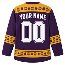 Load image into Gallery viewer, Ugly Thanksgiving Apple Cider Barrel Hockey Jersey in Spiced Plum, back view with a mug-and-apple yoke, barrel-stave and cinnamon sleeve bands, mini-barrel and apple hem band, arched YOUR NAME lettering and 00 – custom name and number