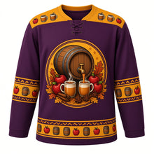 Load image into Gallery viewer, Ugly Thanksgiving Apple Cider Barrel Hockey Jersey in Spiced Plum, front view – spiced plum purple body with golden amber yoke with a crest of an oak cider barrel with a tap pouring hot cider into two steaming mugs with apples, cinnamon and star anise, mug-and-apple yoke, barrel-stave sleeve bands and a mini-barrel and apple hem band – custom name and number