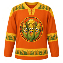 Load image into Gallery viewer, Ugly Thanksgiving Corn Cob Crew Hockey Jersey in Burnt Orange, front view – burnt orange body with corn yellow yoke with three grinning cartoon corn cobs in peeled-back green husks with golden kernels and a melting butter pat, a corn-ear and kernel yoke, corn-ear sleeve bands and a corn-cob hem band – custom name and number