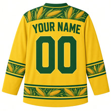 Load image into Gallery viewer, Ugly Thanksgiving Corn Cob Crew Hockey Jersey in Corn Yellow, back view with a yoke of corn ears and kernels, corn-ear and husk-leaf sleeve and hem bands, arched YOUR NAME lettering and 00 – custom name and number