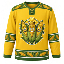 Load image into Gallery viewer, Ugly Thanksgiving Corn Cob Crew Hockey Jersey in Corn Yellow, front view – corn yellow body with husk green yoke with three grinning cartoon corn cobs in peeled-back green husks with golden kernels and a melting butter pat, a corn-ear and kernel yoke, corn-ear sleeve bands and a corn-cob hem band – custom name and number