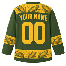 Load image into Gallery viewer, Ugly Thanksgiving Corn Cob Crew Hockey Jersey in Husk Green, back view with a yoke of corn ears and kernels, corn-ear and husk-leaf sleeve and hem bands, arched YOUR NAME lettering and 00 – custom name and number