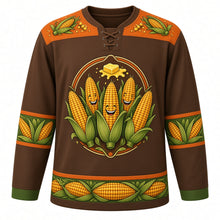 Load image into Gallery viewer, Ugly Thanksgiving Corn Cob Crew Hockey Jersey in Mocha Brown, front view – mocha brown body with burnt orange yoke with three grinning cartoon corn cobs in peeled-back green husks with golden kernels and a melting butter pat, a corn-ear and kernel yoke, corn-ear sleeve bands and a corn-cob hem band – custom name and number