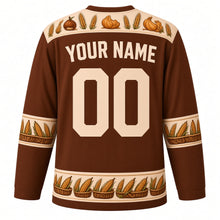 Load image into Gallery viewer, Ugly Thanksgiving Cornucopia Bounty Hockey Jersey in Chestnut Brown, back view with a wheat-and-gourd yoke, wicker and corn sleeve bands, mini cornucopia hem band, arched YOUR NAME lettering and 00 – custom name and number