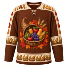 Load image into Gallery viewer, Ugly Thanksgiving Cornucopia Bounty Hockey Jersey in Chestnut Brown, front view – chestnut brown body with cream yoke with a round wicker cornucopia crest overflowing with gourds, squash, apples, grapes and corn, wheat-and-gourd yoke, wicker and corn sleeve bands and a mini cornucopia hem band – custom name and number