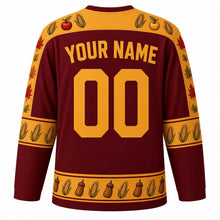 Load image into Gallery viewer, Ugly Thanksgiving Cornucopia Bounty Hockey Jersey in Deep Burgundy, back view with a wheat-and-gourd yoke, wicker and corn sleeve bands, mini cornucopia hem band, arched YOUR NAME lettering and 00 – custom name and number