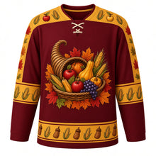 Load image into Gallery viewer, Ugly Thanksgiving Cornucopia Bounty Hockey Jersey in Deep Burgundy, front view – deep burgundy body with harvest gold yoke with a round wicker cornucopia crest overflowing with gourds, squash, apples, grapes and corn, wheat-and-gourd yoke, wicker and corn sleeve bands and a mini cornucopia hem band – custom name and number
