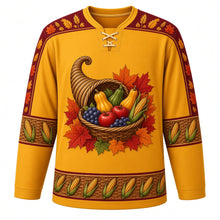 Load image into Gallery viewer, Ugly Thanksgiving Cornucopia Bounty Hockey Jersey in Harvest Gold, front view – harvest gold body with deep burgundy yoke with a round wicker cornucopia crest overflowing with gourds, squash, apples, grapes and corn, wheat-and-gourd yoke, wicker and corn sleeve bands and a mini cornucopia hem band – custom name and number