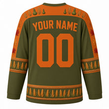 Load image into Gallery viewer, Ugly Thanksgiving Cornucopia Bounty Hockey Jersey in Olive Green, back view with a wheat-and-gourd yoke, wicker and corn sleeve bands, mini cornucopia hem band, arched YOUR NAME lettering and 00 – custom name and number