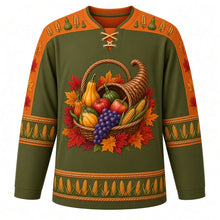 Load image into Gallery viewer, Ugly Thanksgiving Cornucopia Bounty Hockey Jersey in Olive Green, front view – olive green body with burnt orange yoke with a round wicker cornucopia crest overflowing with gourds, squash, apples, grapes and corn, wheat-and-gourd yoke, wicker and corn sleeve bands and a mini cornucopia hem band – custom name and number