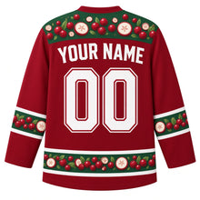 Load image into Gallery viewer, Ugly Thanksgiving Cranberry Sauce Wobble Hockey Jersey in Cranberry Red, back view with cranberries, jelly slices and molded-jelly shapes with autumn leaves on the yoke, sleeve bands and hem band, arched YOUR NAME lettering and 00 – custom name and number