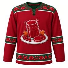 Load image into Gallery viewer, Ugly Thanksgiving Cranberry Sauce Wobble Hockey Jersey in Cranberry Red, front view – cranberry red body with forest green yoke with a glossy ridged ruby jelly cranberry sauce cylinder with jelly slices and cranberries on a white platter with autumn leaves (no labels, no brand), cranberry and jelly-slice yoke, sleeve bands and hem band – custom name and number