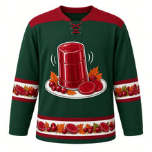 Load image into Gallery viewer, Ugly Thanksgiving Cranberry Sauce Wobble Hockey Jersey in Forest Green, front view – forest green body with cranberry red yoke with a glossy ridged ruby jelly cranberry sauce cylinder with jelly slices and cranberries on a white platter with autumn leaves (no labels, no brand), cranberry and jelly-slice yoke, sleeve bands and hem band – custom name and number