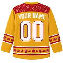 Load image into Gallery viewer, Ugly Thanksgiving Cranberry Sauce Wobble Hockey Jersey in Mustard Gold, back view with cranberries and sliced-berry rounds on the yoke, sleeve bands and hem band, arched YOUR NAME lettering and 00 – custom name and number