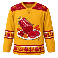 Load image into Gallery viewer, Ugly Thanksgiving Cranberry Sauce Wobble Hockey Jersey in Mustard Gold, front view – mustard gold body with cranberry red yoke with a glossy ridged ruby jelly cranberry sauce cylinder with jelly slices and cranberries on a white platter with autumn leaves (no labels, no brand), cranberry and jelly-slice yoke, sleeve bands and hem band – custom name and number