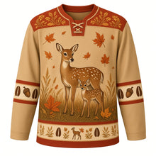 Load image into Gallery viewer, Ugly Thanksgiving Autumn Deer Meadow Hockey Jersey in Fawn Tan, front view – a doe and spotted fawn in a goldenrod meadow with falling autumn leaves, rust leaf yoke, hoof-print and acorn sleeve bands and a fawn-and-goldenrod hem band – custom name and number