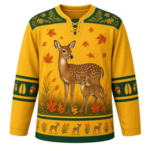 Load image into Gallery viewer, Ugly Thanksgiving Autumn Deer Meadow Hockey Jersey in Goldenrod Yellow, front view – a doe and spotted fawn in a goldenrod meadow with falling autumn leaves, green leaf yoke, hoof-print and acorn sleeve bands and a fawn-and-goldenrod hem band – custom name and number