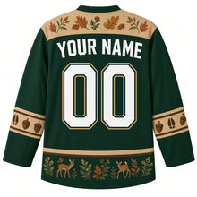 Load image into Gallery viewer, Ugly Thanksgiving Autumn Deer Meadow Hockey Jersey in Hunter Green, back view with a tan autumn-leaf yoke, acorn and hoof-print sleeve bands, a fawn-and-goldenrod hem band, YOUR NAME lettering and 00 – custom name and number
