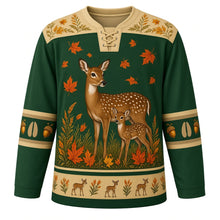 Load image into Gallery viewer, Ugly Thanksgiving Autumn Deer Meadow Hockey Jersey in Hunter Green, front view – a doe and spotted fawn in a goldenrod meadow with falling autumn leaves, tan leaf yoke, hoof-print and acorn sleeve bands and a fawn-and-goldenrod hem band – custom name and number