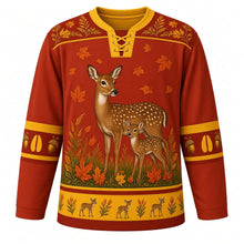 Load image into Gallery viewer, Ugly Thanksgiving Autumn Deer Meadow Hockey Jersey in Rust Red, front view – a doe and spotted fawn in a goldenrod meadow with falling autumn leaves, rust red yoke with gold leaf sprigs and gold trim, hoof-print and acorn sleeve bands and a fawn hem band – custom name and number