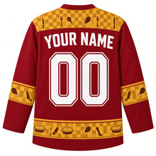 Load image into Gallery viewer, Ugly Thanksgiving Turkey Dinner Table Hockey Jersey in Cranberry Red, back view with a checkered tablecloth and cutlery yoke, plate and drumstick sleeve bands, side-dish hem band, arched YOUR NAME lettering and 00 – custom name and number