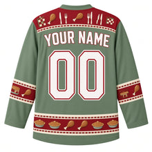 Load image into Gallery viewer, Ugly Thanksgiving Turkey Dinner Table Hockey Jersey in Sage Green, back view with a checkered tablecloth and cutlery yoke, plate and drumstick sleeve bands, side-dish hem band, arched YOUR NAME lettering and 00 – custom name and number