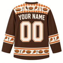 Load image into Gallery viewer, Ugly Thanksgiving Turkey Dinner Table Hockey Jersey in Walnut Brown, back view with a checkered tablecloth and cutlery yoke, plate and drumstick sleeve bands, side-dish hem band, arched YOUR NAME lettering and 00 – custom name and number