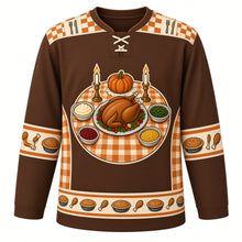 Load image into Gallery viewer, Ugly Thanksgiving Turkey Dinner Table Hockey Jersey in Walnut Brown, front view – walnut brown body with cream yoke with a round crest of a dinner table seen from above with a golden roast turkey platter, candlesticks and side dishes, checkered tablecloth and cutlery yoke, plate and drumstick sleeve bands and a side-dish hem band – custom name and number