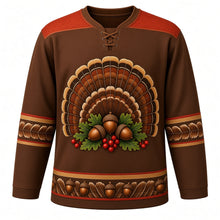 Load image into Gallery viewer, Ugly Thanksgiving Turkey Feather Fan Hockey Jersey in Turkey Bronze, front view – bronze brown body with copper red yoke with a round crest of a giant half-circle sunburst fan of barred bronze, copper, chestnut and cream turkey tail feathers with gold tips around a center cluster of acorns, oak leaves and red berries, feather-chevron yoke, striped-feather sleeve bands and a mini feather-fan and acorn hem band – custom name and number